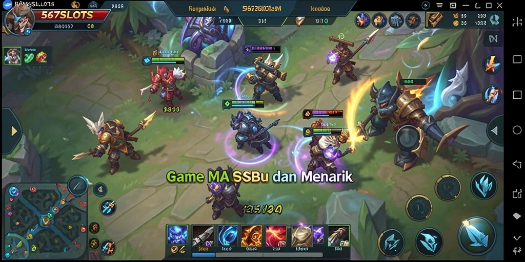 Tangkapan layar 567SLOTS menunjukkan aksi seru dalam pertarungan MOBA.