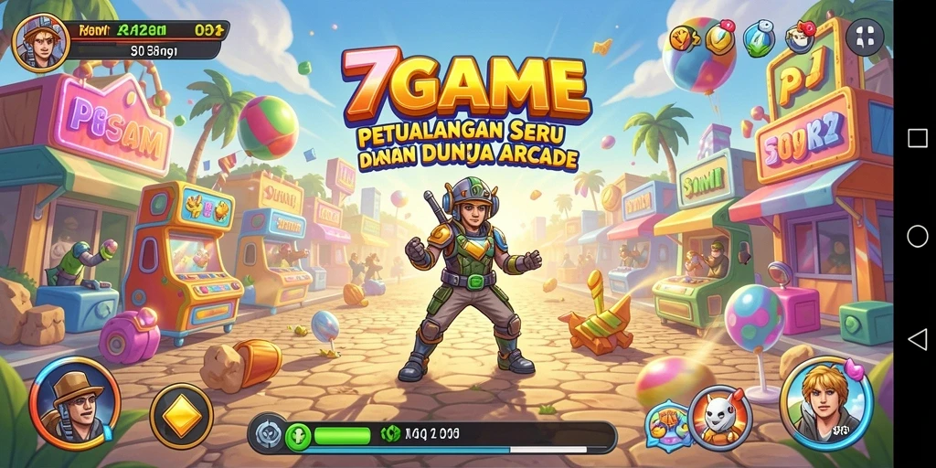 Screenshot gameplay 7GAME menampilkan karakter melompati rintangan dalam level yang penuh warna.